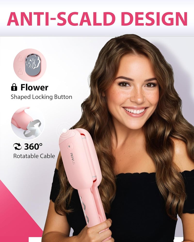 NOVUS 1.25 Inch Curling Iron,Hair Crimper- Beach Wave Hair Waver with Anti-Scald & Negative Ion Technology, Hair Crimper Ceramic Barrel for Tangle-Free Waves on All Hair Types, Pink - Image 5